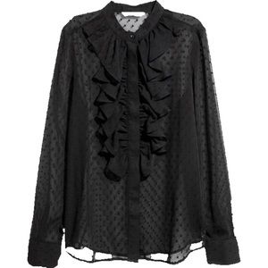 Black Lace Sheer Ruffle Blouse/Top/Button Up Shirt